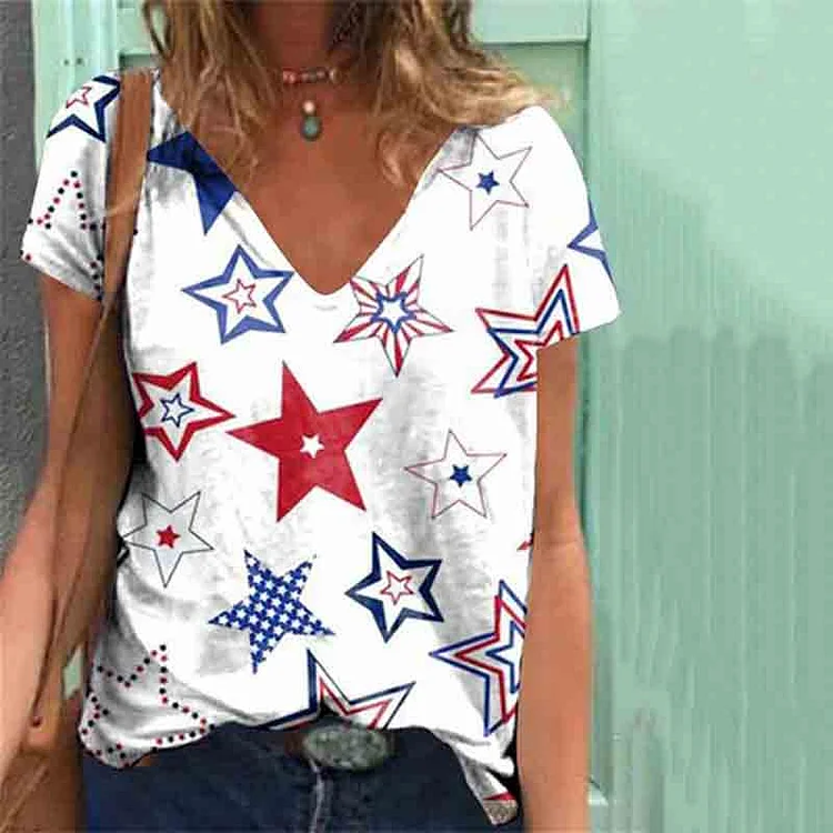 VChics American Flag Star Print V-Neck Short Sleeve T-Shirt
