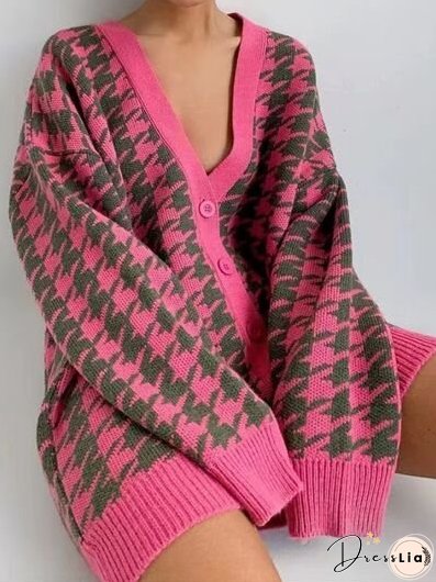 Houndstooth Button Up Long Sleeve Cardigan