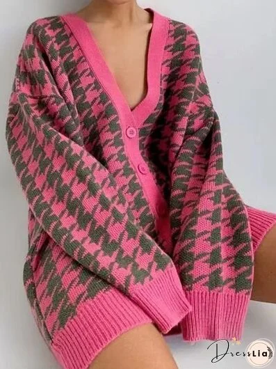 Houndstooth Button Up Long Sleeve Cardigan