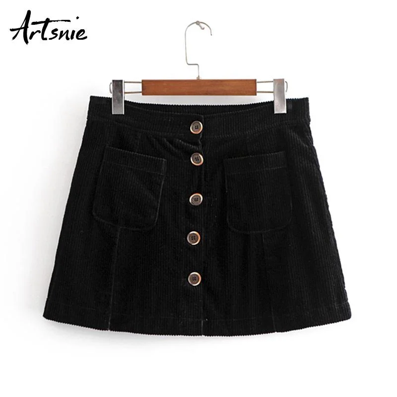 Artsnie Army Green Winter 2018 Corduroy High Waist Mini Skirt Women Button Double Pockets Casual Autumn Short A Line Skirt Femme