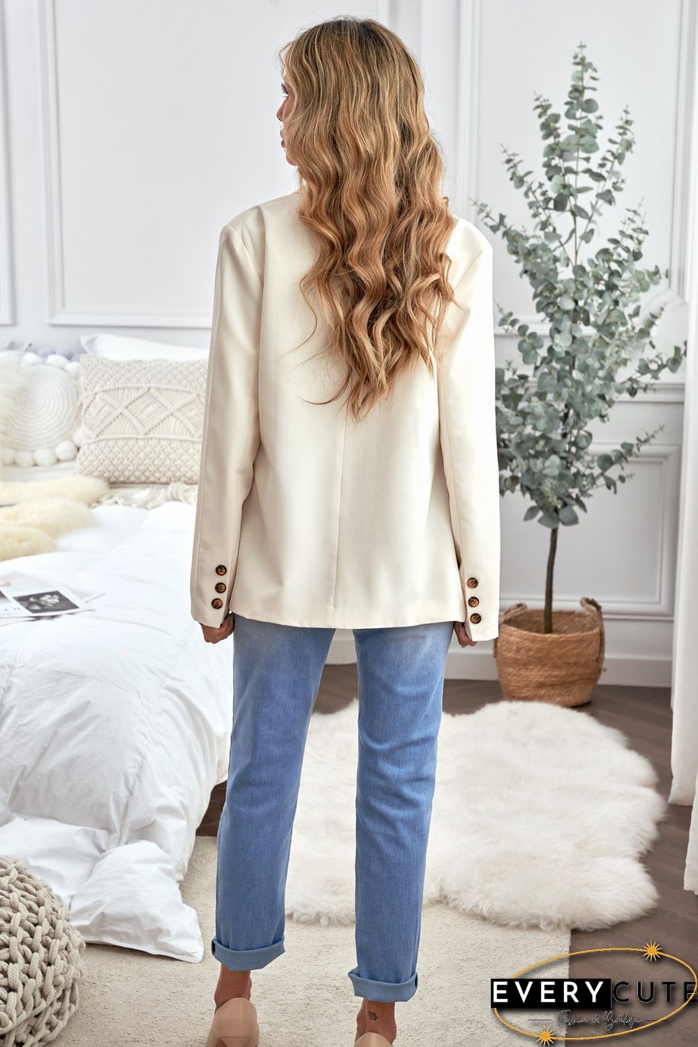 Apricot Turn-Down Collar Buttons Blazer with Pockets