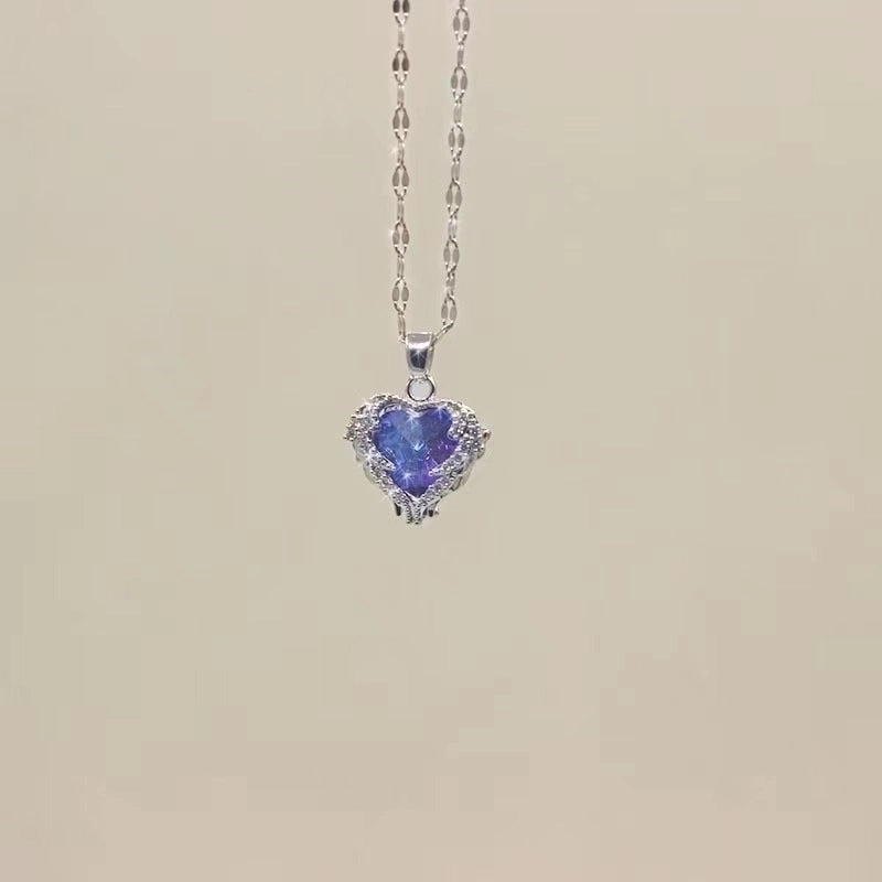 Titanium Steel Lady Inlay Heart Shape Artificial Gemstones Pendant Necklace