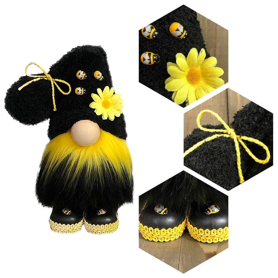 Sunflowers Gnome Bee Plush Doll, Faceless Nisse Elf Dwarf Tomte (Black)