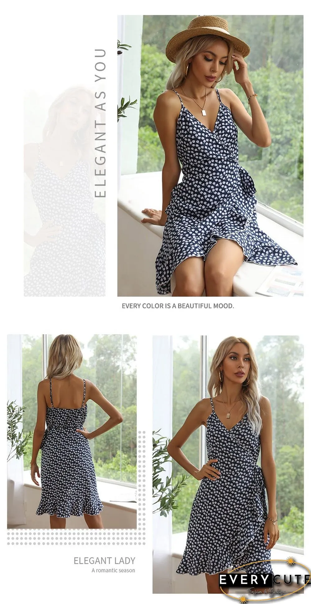 Summer Printing Irregular Ruffled Suspenders Dress Women