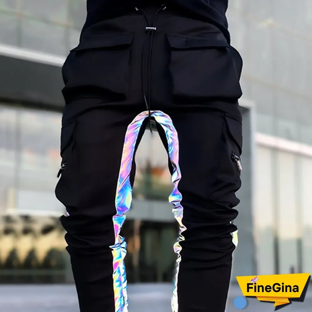 Mens Fashion Reflective Striped Solid Color Casual Pants
