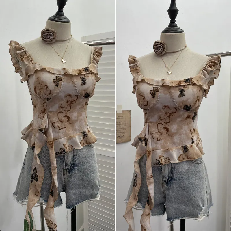 Churchf Real Shoot French Retro Irregular Lotus With Chest Cushions With Ribbon Sling Vest Summer Chiffon Top 9137