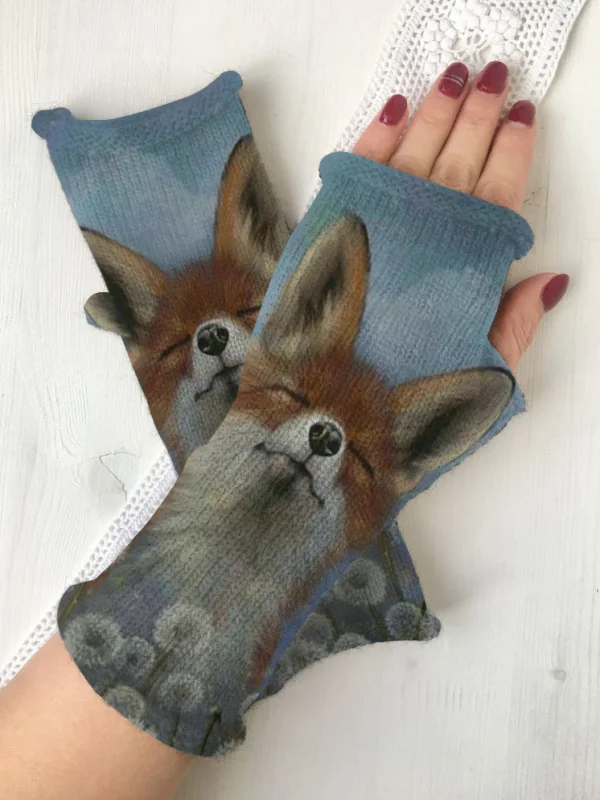 Retro fox casual print knit fingerless gloves