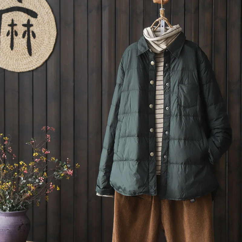 Toloer Literary Pure Color Shirt Collar Light Down Jacket Shirt Female Autumn And Winter 2024 New White Duck Down Fashion Down Jacket Coat-Outfit Ideas