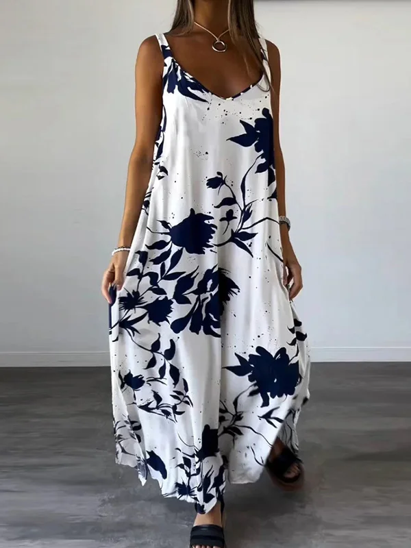 Split-Joint Floral Printed Sleeveless Plus Size Spaghetti-Neck Maxi Dresses