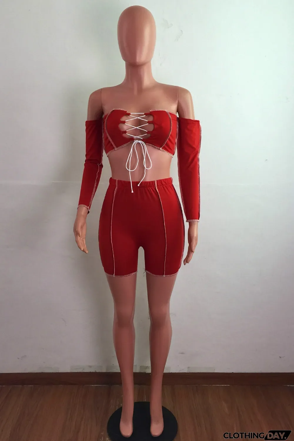 Grey Street Solid Bandage Strapless Long Sleeve Two Pieces