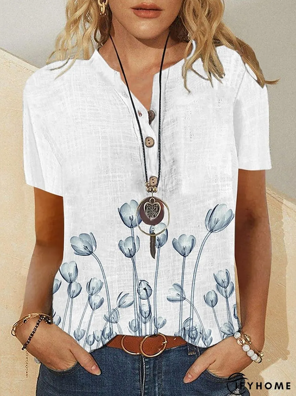 Womens Shirt Blouse White Red Blue Floral Button Print Short Sleeve Holiday Weekend Basic | IFYHOME