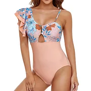 Trackpodssl Printed Swimwear Women 2025 Ruffle Swimsuit Female One Piece Push Up Bathing Suit Sports Mayo One shoulder Blue Pink XXL
