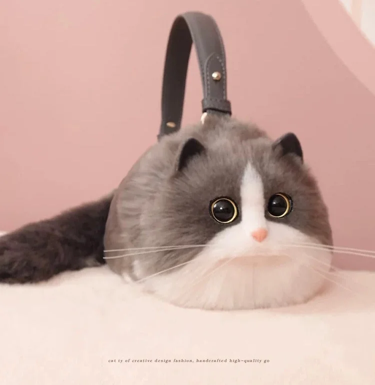 Fluffy Blue and White Cat Bag Cat Purse