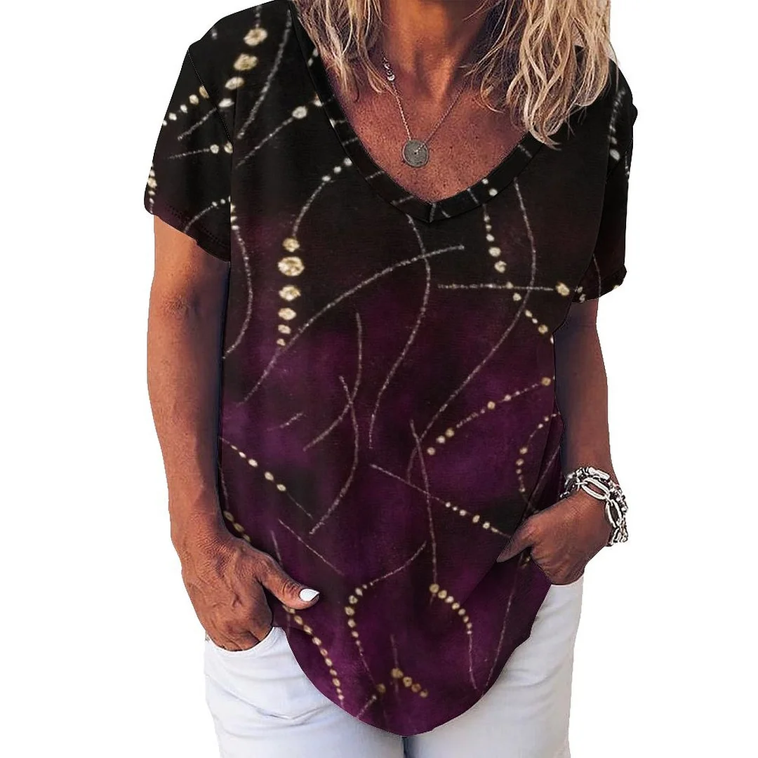 V-neck Short Sleeve Casual T-shirt for  Women Printed with Pattern Rose Red, Black