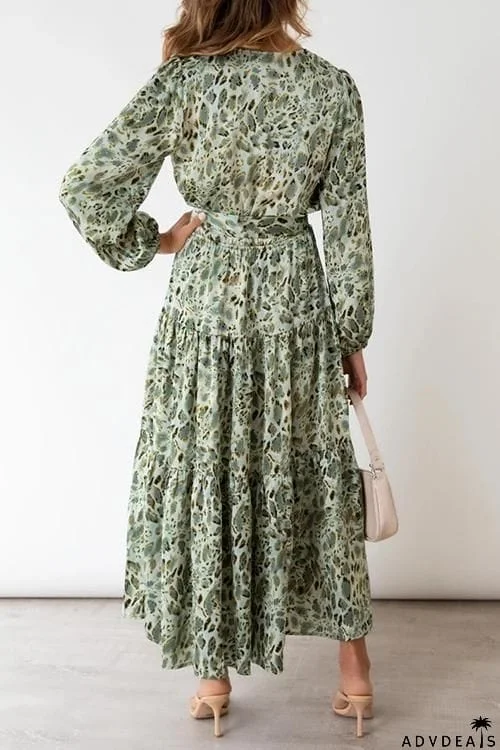 Print Belted Long Sleeve Maxi Dress