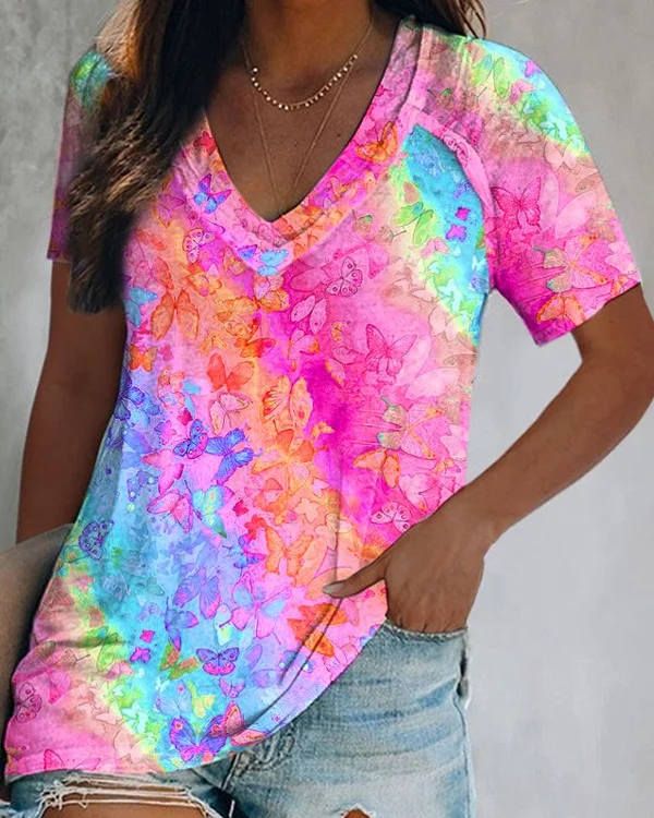🔥kukelife🔥Designer v-neck rainbow butterfly print graphic tee
