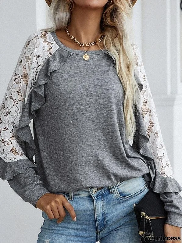 Lace Long sleeve Round Neck Solid Casual T-Shirt