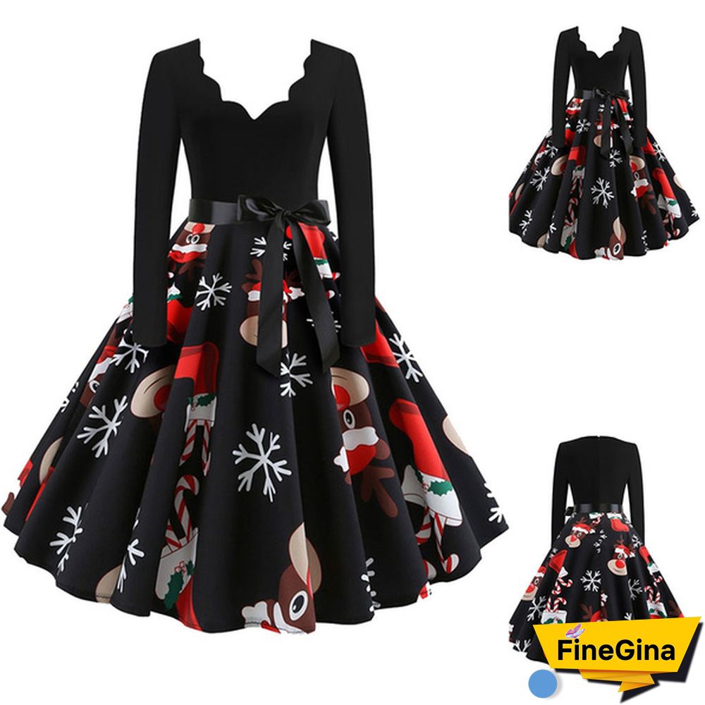 Womens Fashion Casual Dress Lace V Neck Christmas Deer Musical Notes Cat Print Santa Cluas Snowflake Dress Christmas Dress Print Vintage Flare Dress Bowknot High Waist Swing Dress