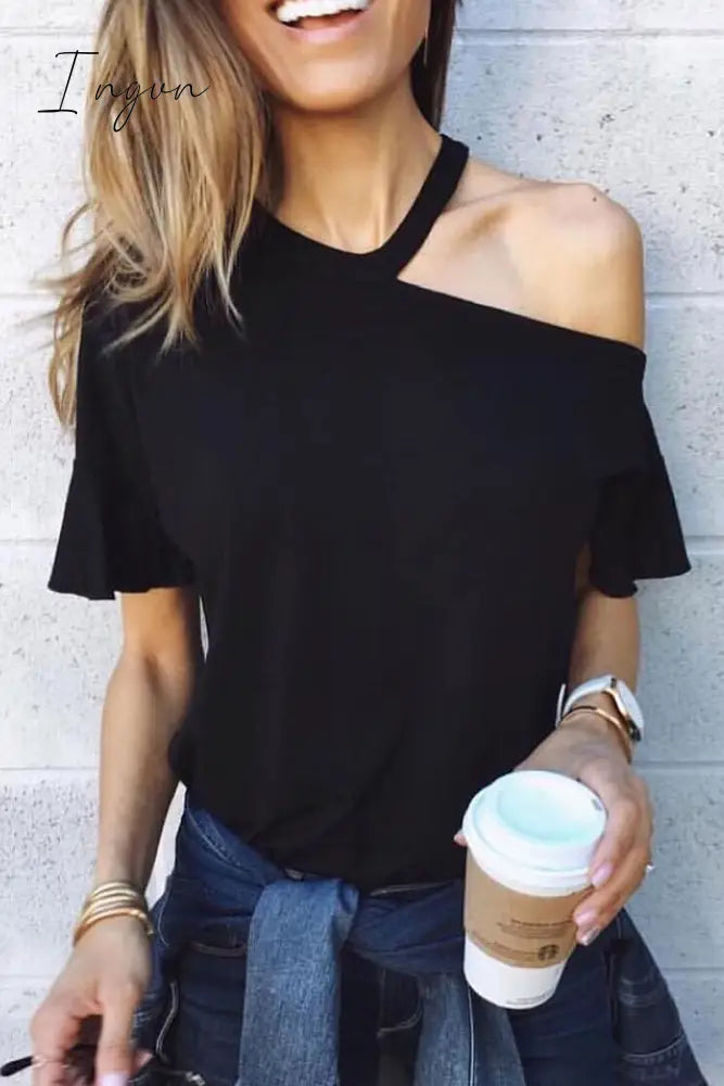 Ingvn - Casual Dew Shoulder T-Shirt S / Black Tops