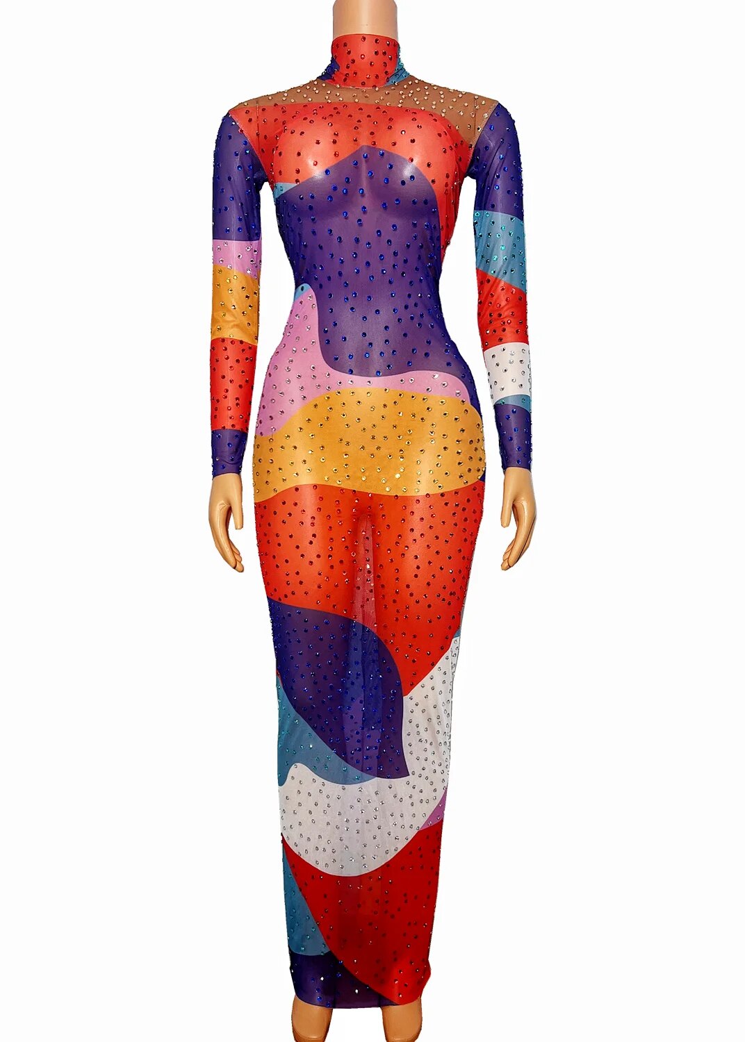 VCSHOES Multi-color Splice Rhinestones Stretch Long Sleeves Dress Transparent Costume Birthday Prom Celebrate Evening Outfit