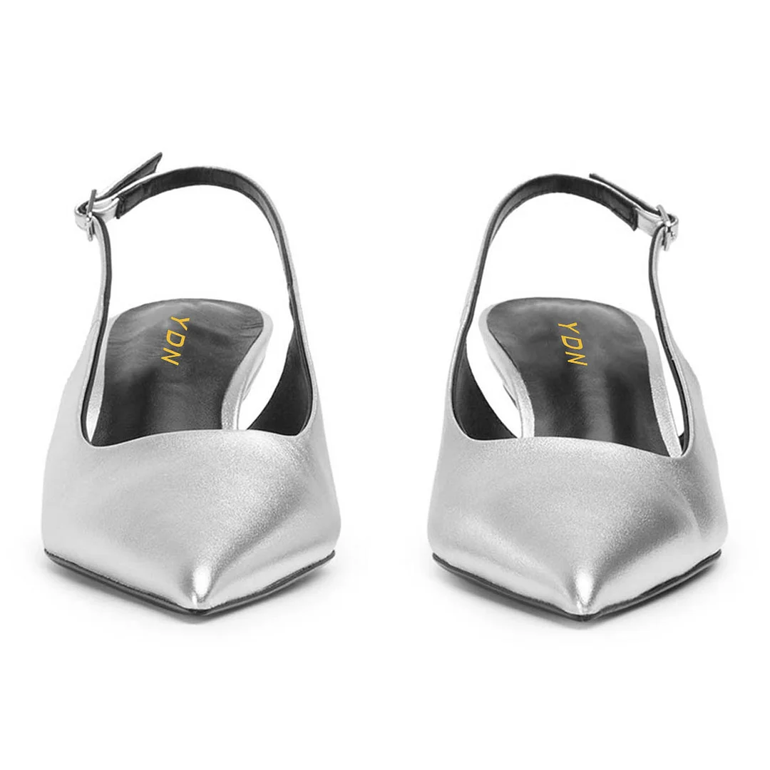 Metallic Finish Pointed Toe Buckle Slingback Kitten Heels in Silver