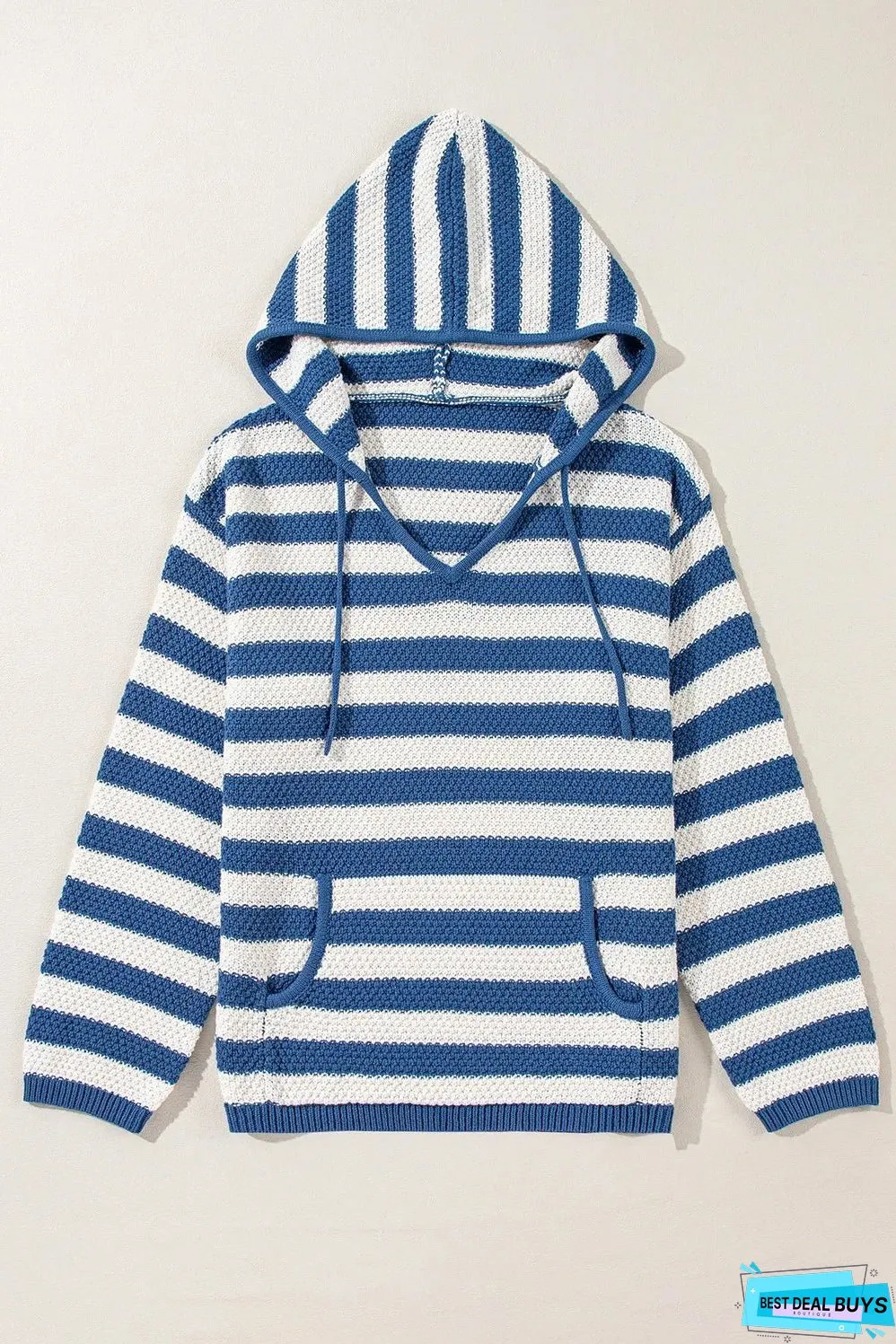 Drawstring Striped Long Sleeve Hooded Sweater