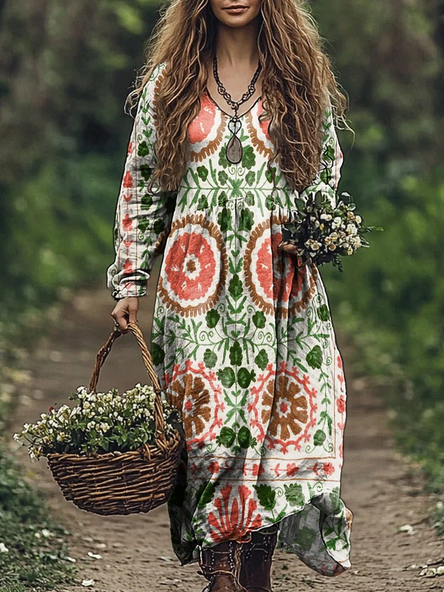 Women's Ethnic Floral Art Print V Neck Pocket Cotton Dress