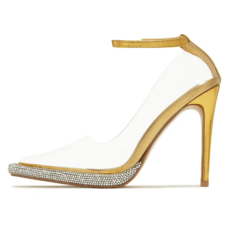 Elegant Gold Ankle Strap Heels Pointed Toe Rhinestone Clear Pumps |FSJ Shoes