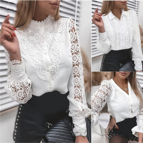 Women Sexy Patchwork Hollow Out Shirt Long Sleeve Button Blouse Spring Fashion Vintage Shirts - BlackFridayBuys