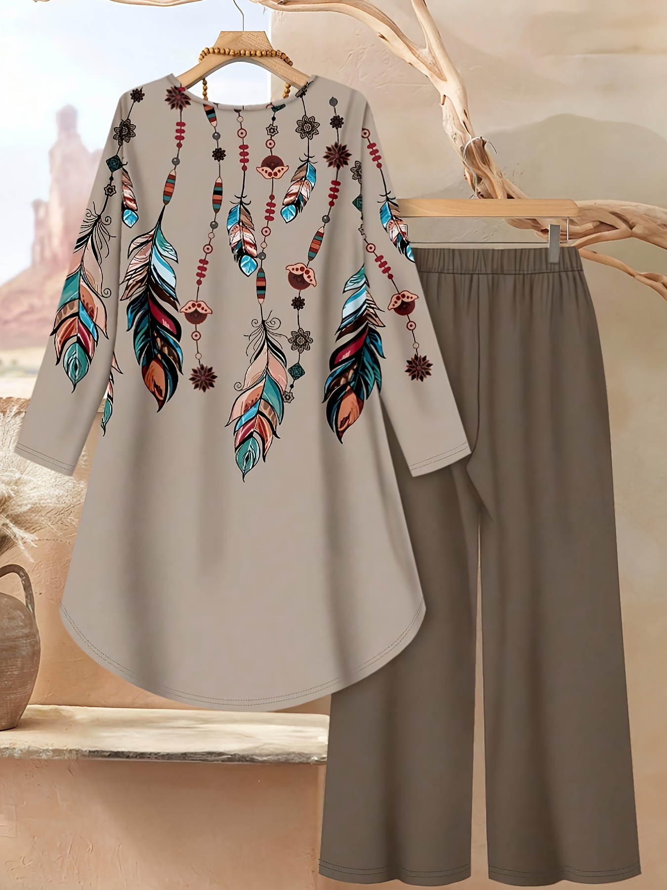 Women's Elegant Bohemian Southwestern Print Two-Piece Set - Turquoise Blue/Orange/Black/Beige All-Over Jumpsuit with Loose-Fit Long Sleeve Top & Wide-Leg Pants, Machine Washable Casual to Formal Outfits for Spring/Fall/Winter