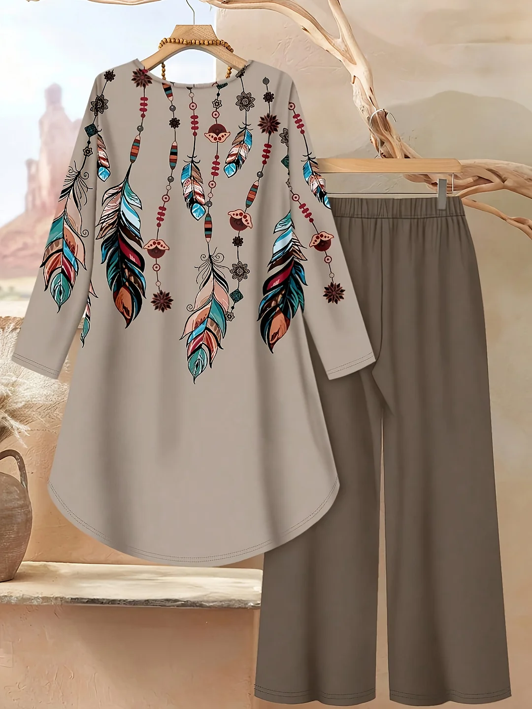 Women's Elegant Bohemian Southwestern Print Two-Piece Set - Turquoise Blue/Orange/Black/Beige All-Over Jumpsuit with Loose-Fit Long Sleeve Top & Wide-Leg Pants, Machine Washable Casual to Formal Outfits for Spring/Fall/Winter