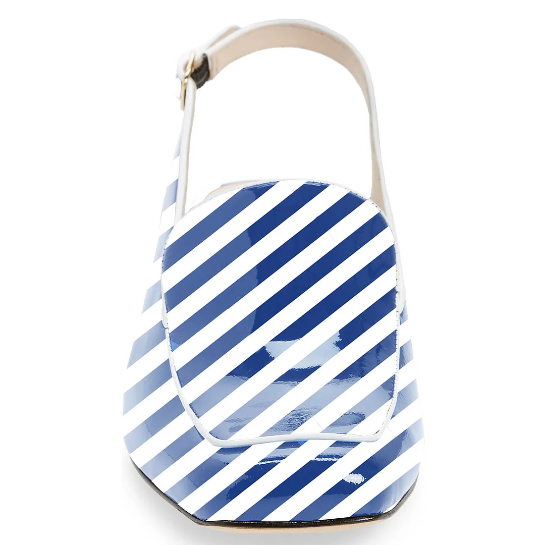 Blue & White Stripes Square Toe Chunky Heel Slingback Women's Loafers