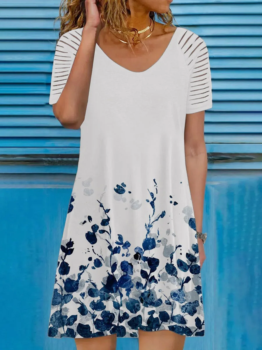 V-neck Casual Loose Ink Print Short Sleeve Short Dress