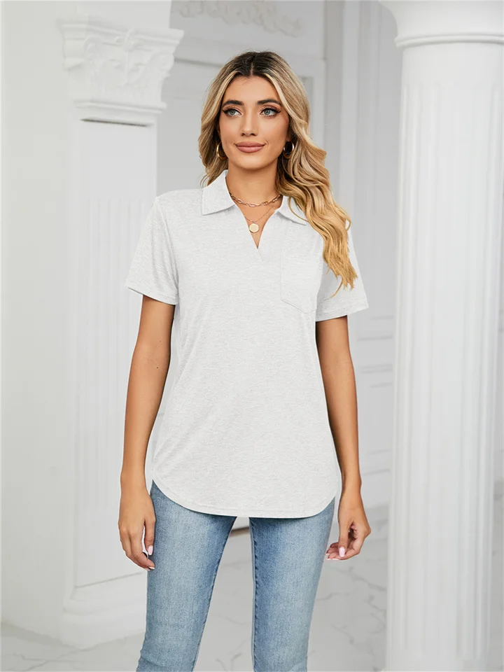 Spring and Summer Solid Color Short-sleeved Lapel Pocket Loose T-shirt Tops Women-Cosfine
