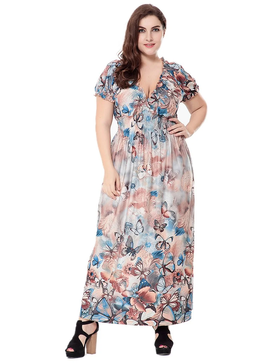 Plus Size Dress Short Sleeve Butterflies Print Maxi Long Dress