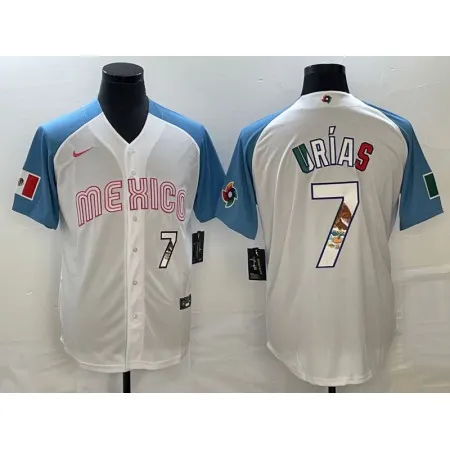 Men's Mexico Baseball #7 Julio Urias 2023 White Blue World Baseball Classic With Patch Stitched Jersey