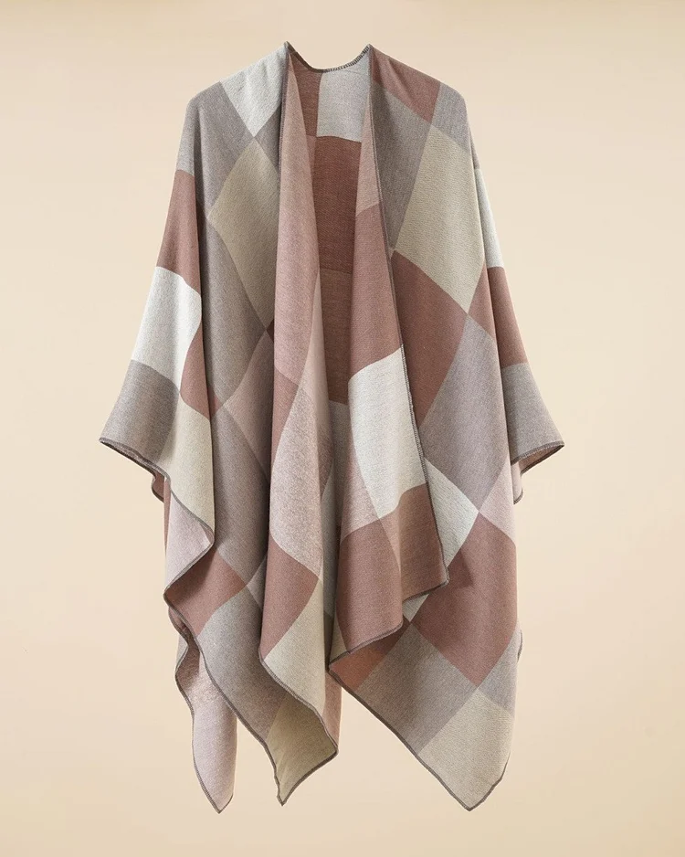 Women's Khaki Plaid Casual Cape Shawl