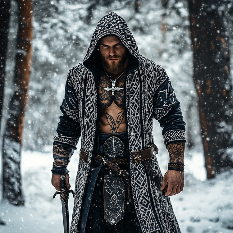 VChics Men's Viking Tribal Pattern Jacquard Celtic Cozy Cardigan Sweater