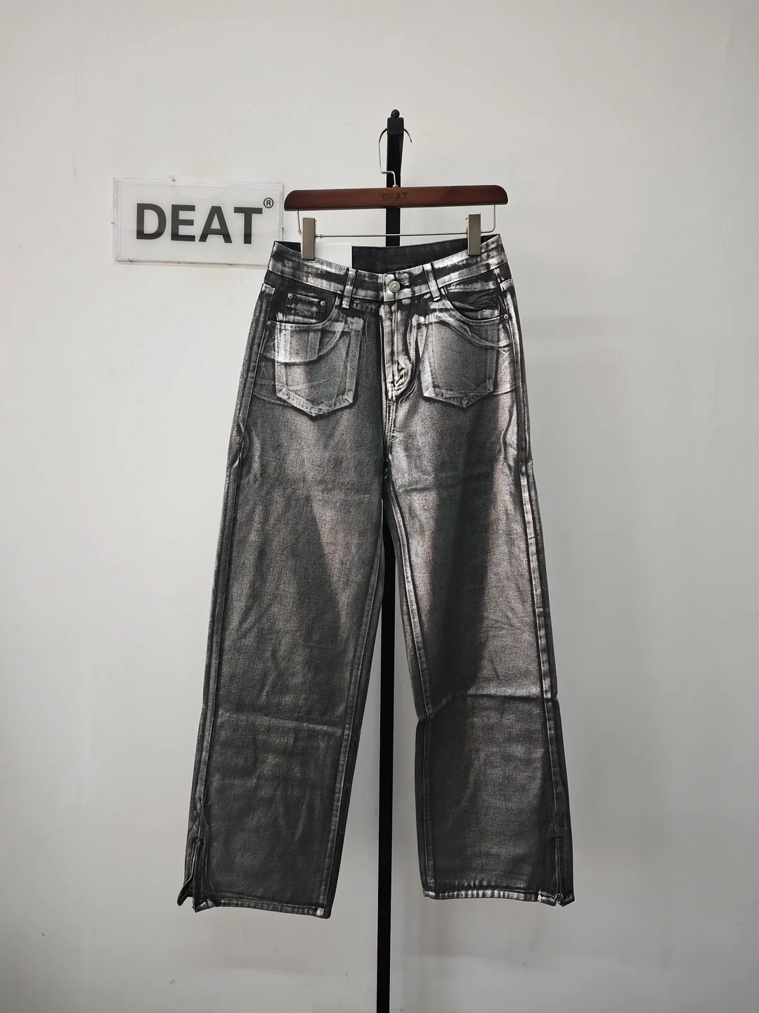 Huibahe Women's Jeans High Waist Silver Coated Straight Wide Leg Split Loose Female Denim Pants 2024 Summer New Fashion 29L6692