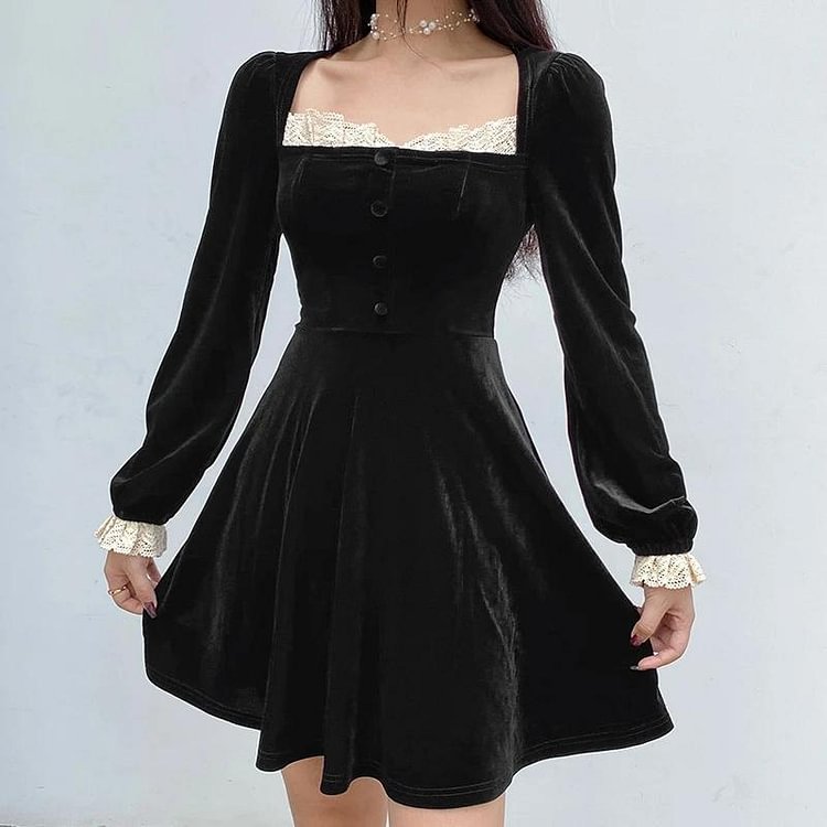 Velvet Square Collar Lace Rim Dress