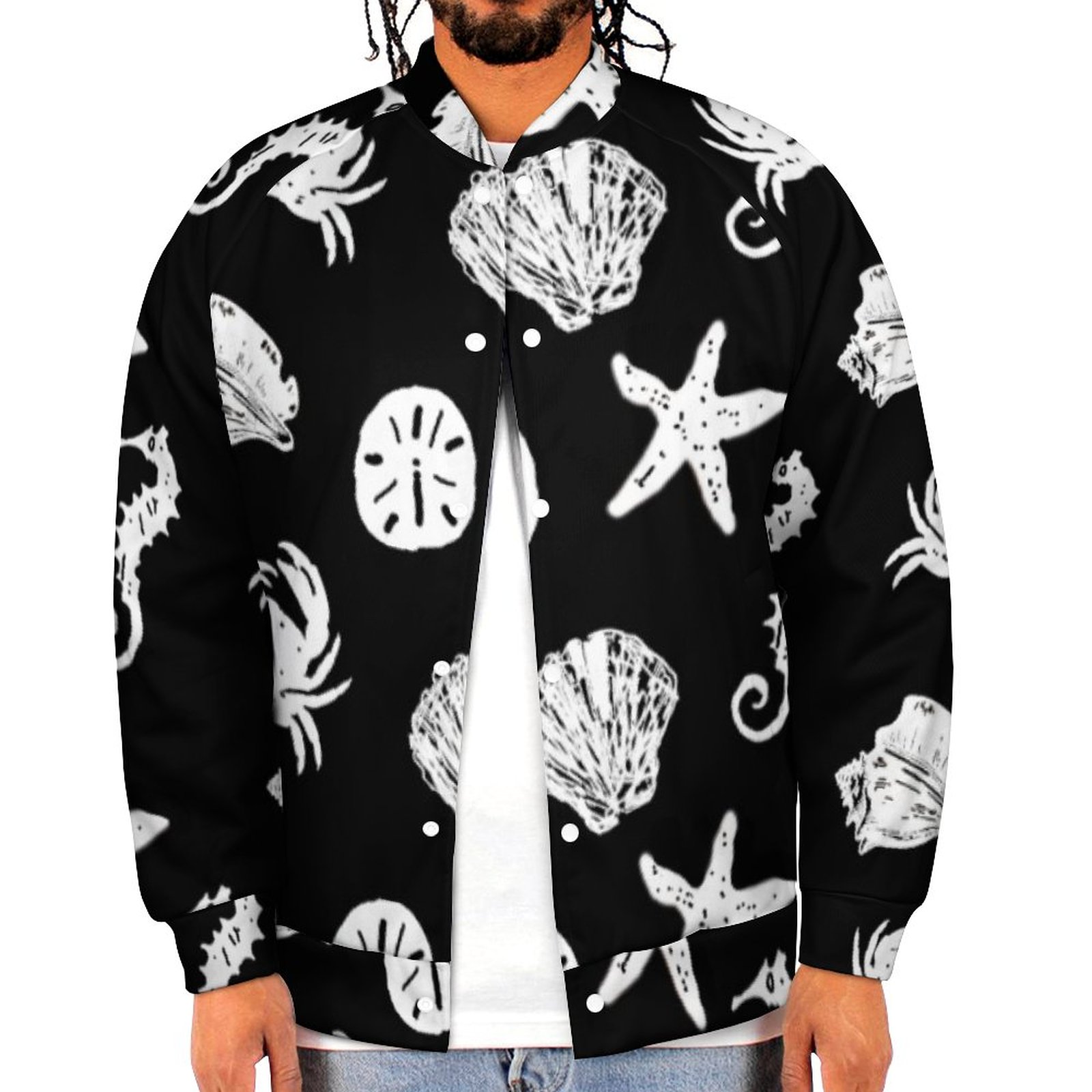 Black And White Nautical Sea Creatures Beach Theme Sweatshirt Jacket Mens Lightweight Button Up Bomber Jacket Outwear 2XS-6XL