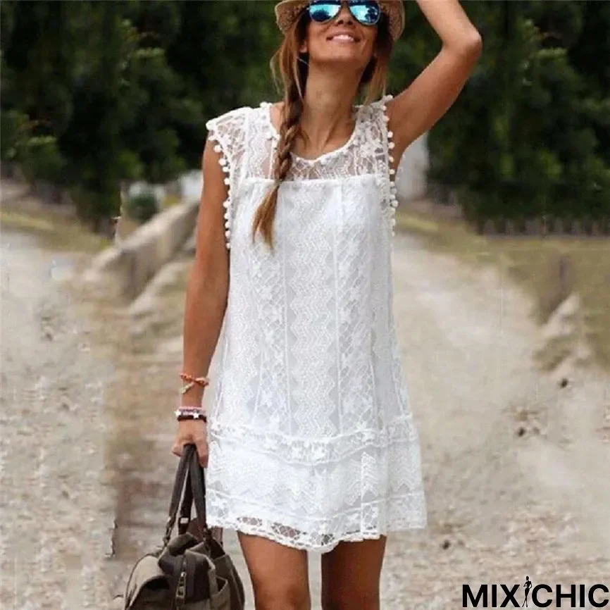 Dress O-Neck Casual Lace Sleeveless Beach Short Dress White Dresses