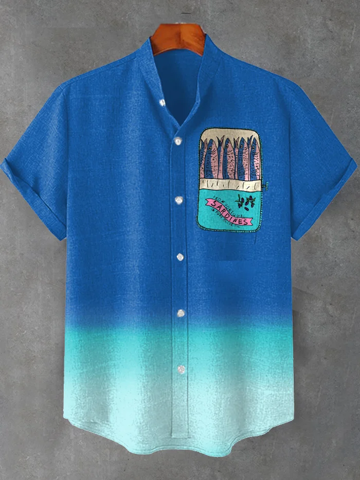 Men's Fun Chest Pocket Ocean Sardines Print Linen Blend Shirt