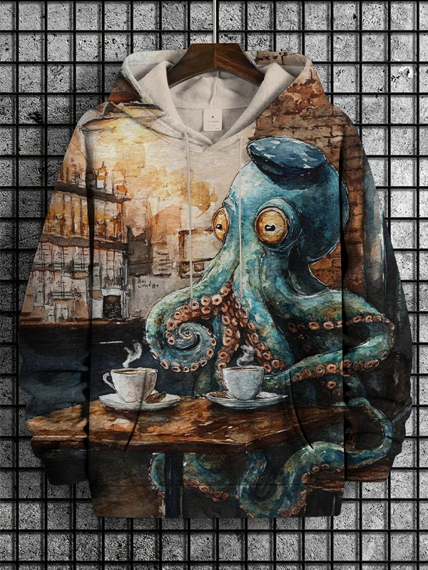 Men's Retro Octopus In The Cafe Watercolor Art Print Hooded Sweatshirt