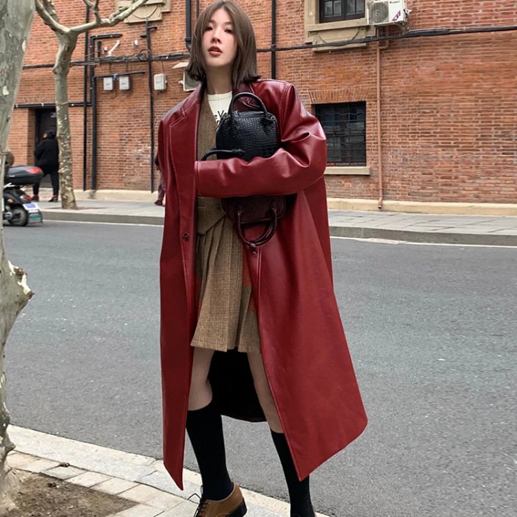 Simple Solid Color Lapel Long Sleeve Oversized Leather Coat   