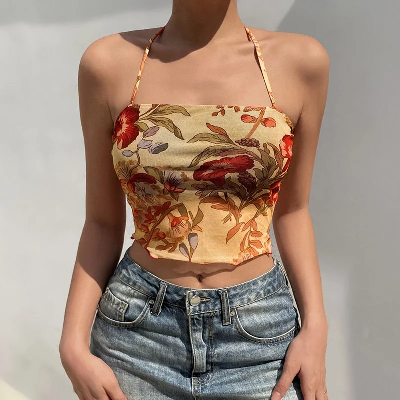 HEYounGIRL Floral Print Mesh Sexy Halter Top Women Lace Up Sexy Backless Tanks Camis Tops Tees 90s Frill Sleeveless Camisole