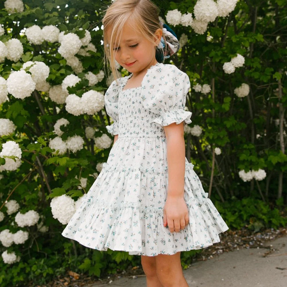 2022 New Floral Summer Dress For Girls Flower Puff Sleeve French Style Dresses For Children Kids Cotton Blend Dresses For Girls