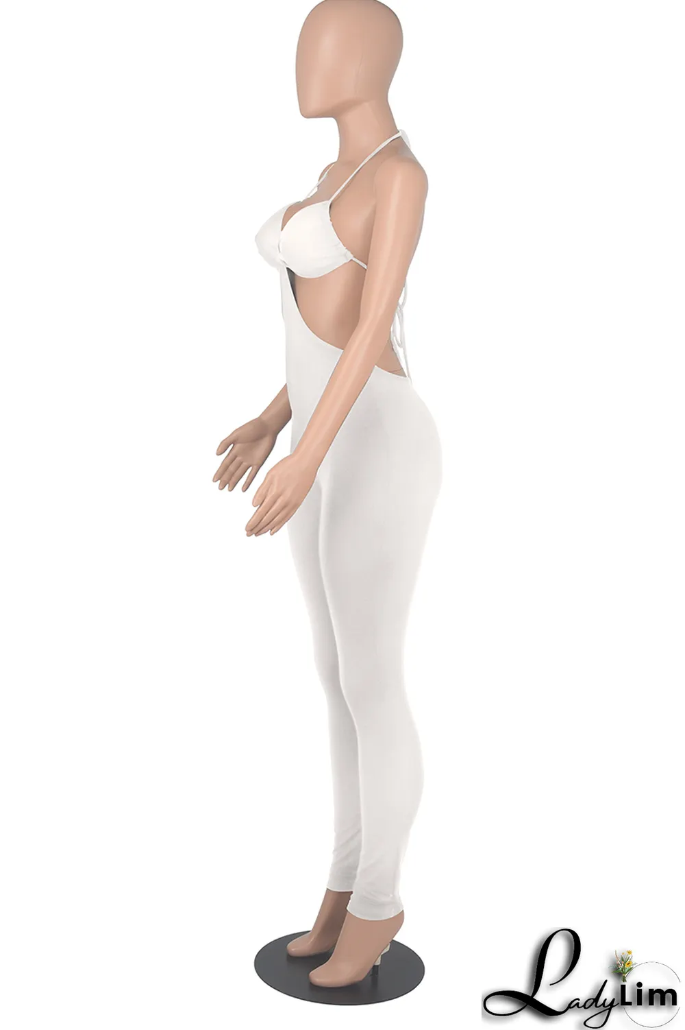 White Sexy Solid Patchwork Halter Skinny Jumpsuits