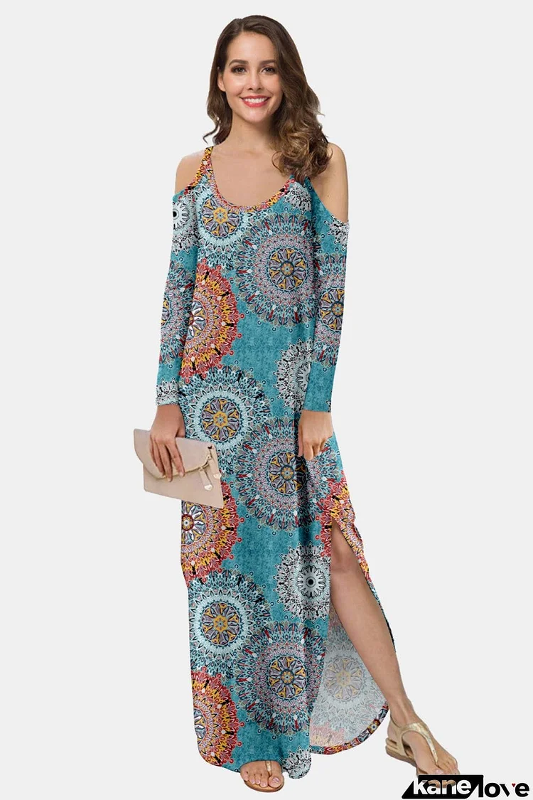 Printed Cold-Shoulder Slit Maxi Dress