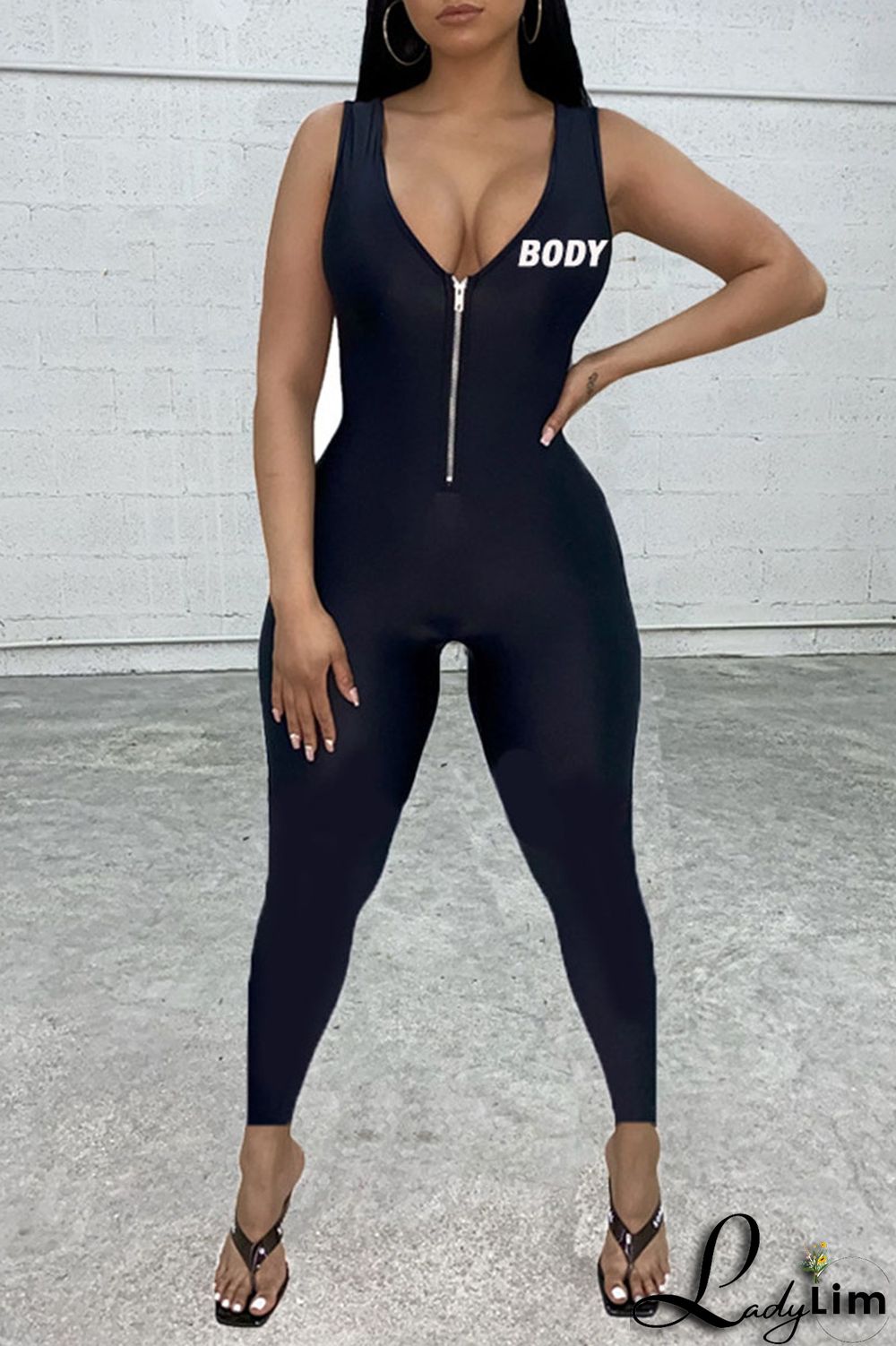 Black Sexy Print Split Joint Zipper V Neck Regular Jumpsuits